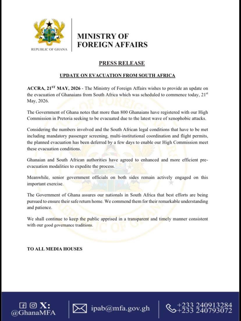 Ghana Delays Evacuation of Citizens from South Africa Amid Xenophobic Attacks