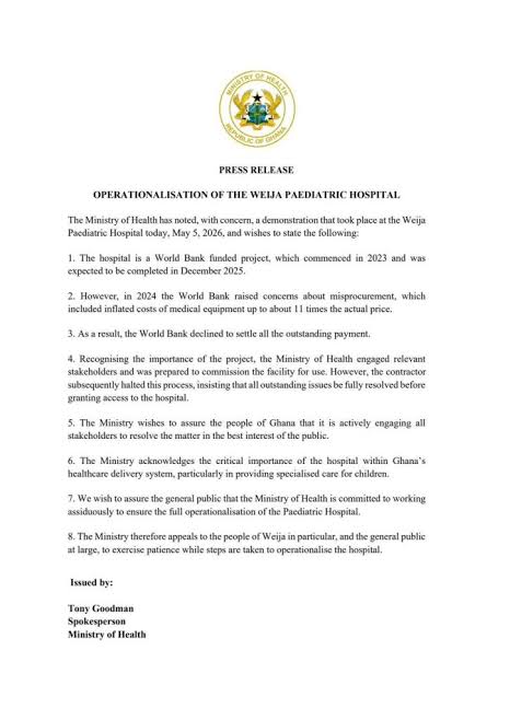 Weija Paediatric Hospital Opening Delayed Over Procurement Disputes - MoH