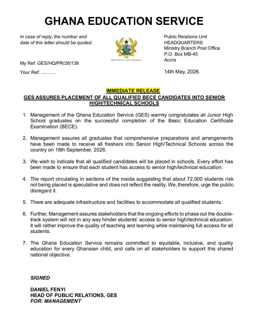 GES Dismisses Reports of SHS Placement Shortfall, Assures Admission for All Qualified BECE Candidates