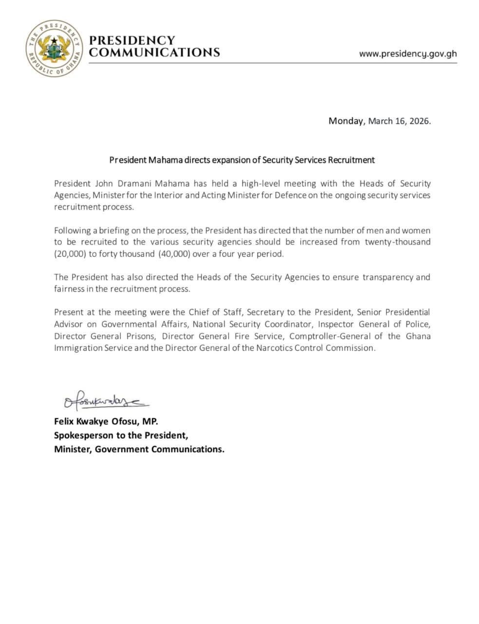 Mahama Directs Expansion of Security Services Recruitment