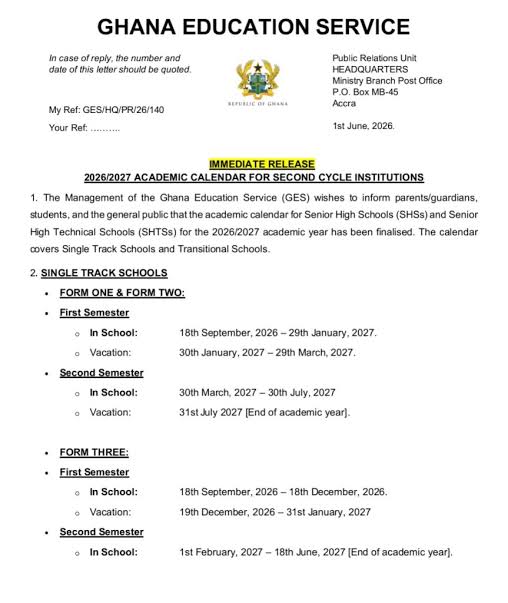     SHS Students to Resume on September 18 as GES Releases New Academic Calendar