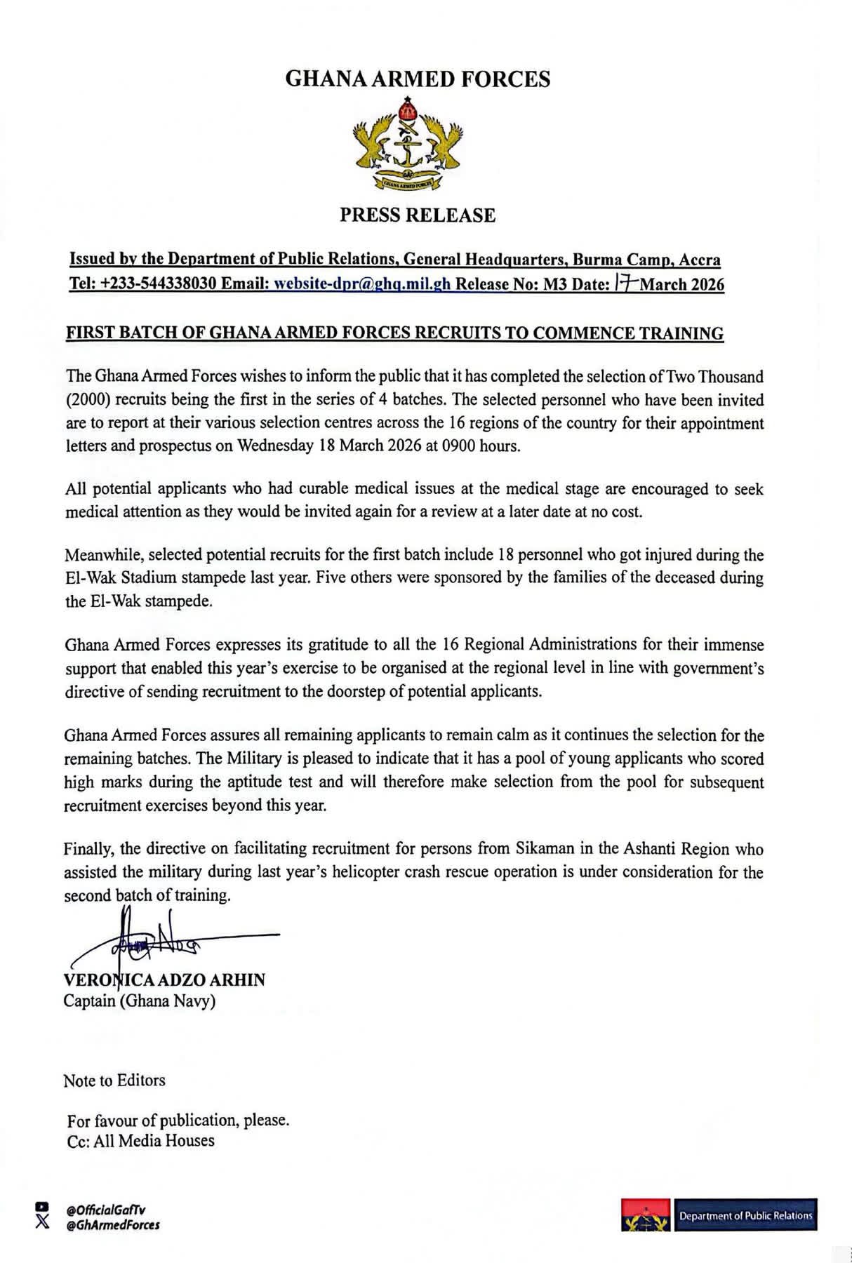 Ghana Armed Forces Announces First Batch of Recruits for Training