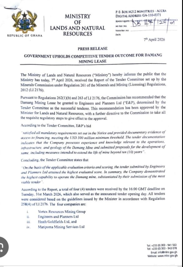 Government Upholds Tender Outcome for Damang Mining Lease
