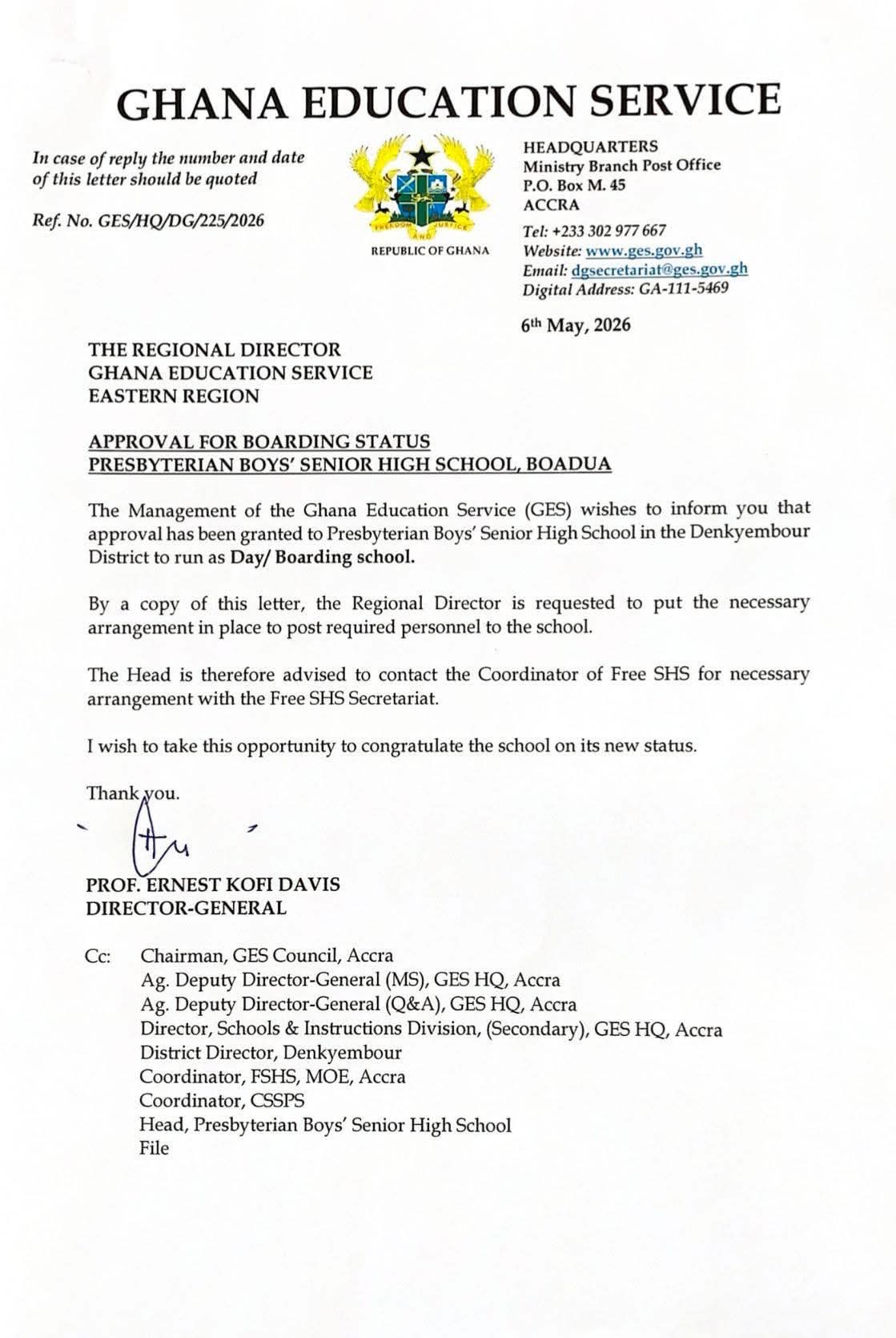 GES Grants Boarding Status to Presbyterian Boys’ Senior High School, Boadua