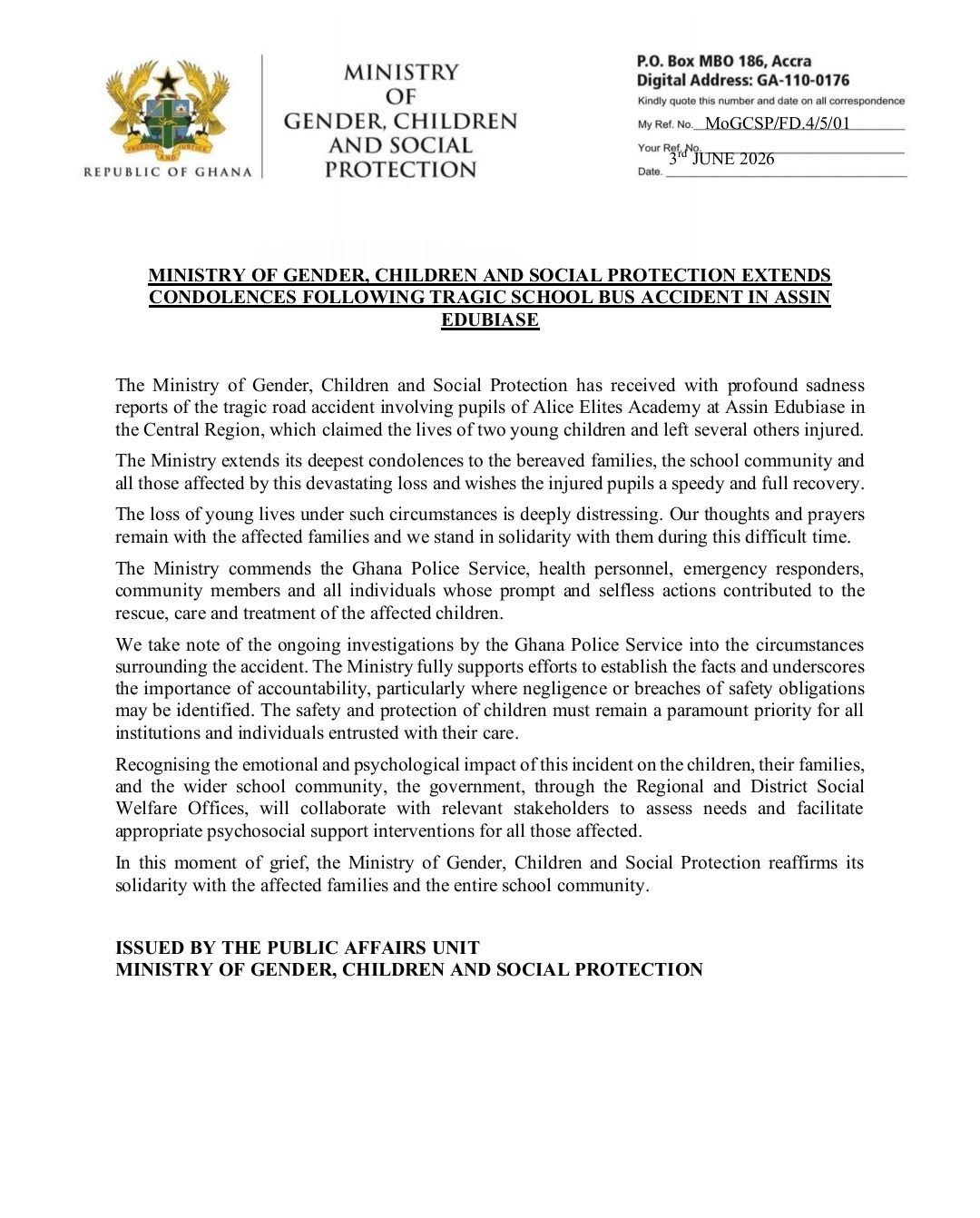 Gender Ministry Extends Condolences After Fatal Assin Edubiase School Bus Accident