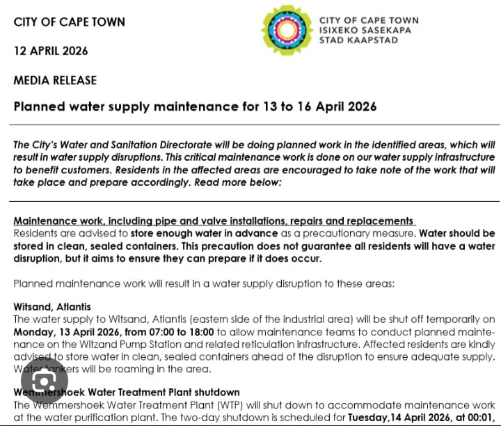 Cape Town announces scheduled water supply disruptions for maintenance