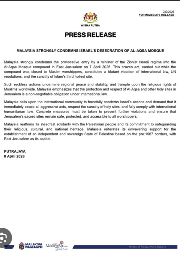 Malaysia Condemns Israel Over Al-Aqsa Mosque Incident