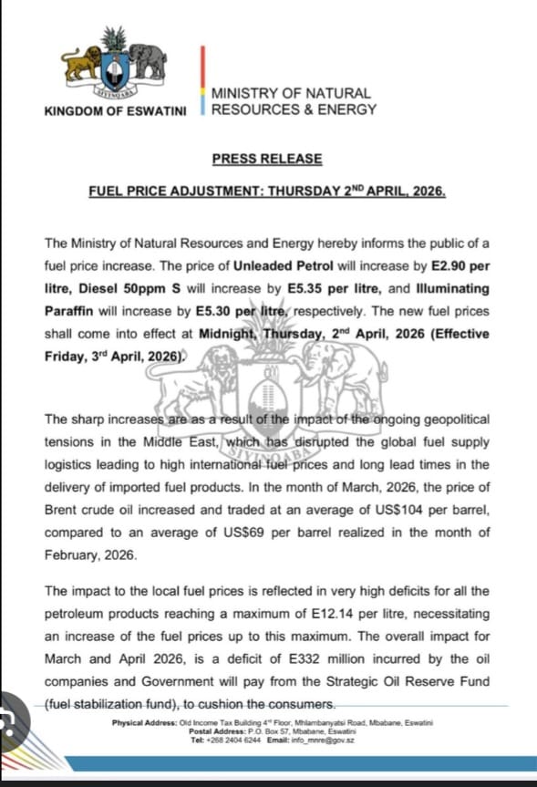 Eswatini Announces Sharp Fuel Price Hikes Effective Friday Amid Middle East Tensions