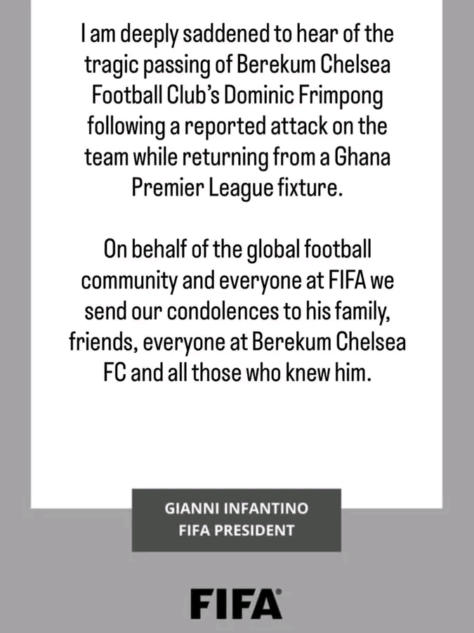FIFA President Gianni Infantino Sends Message of Condolence Following Passing of Dominic Frimpong