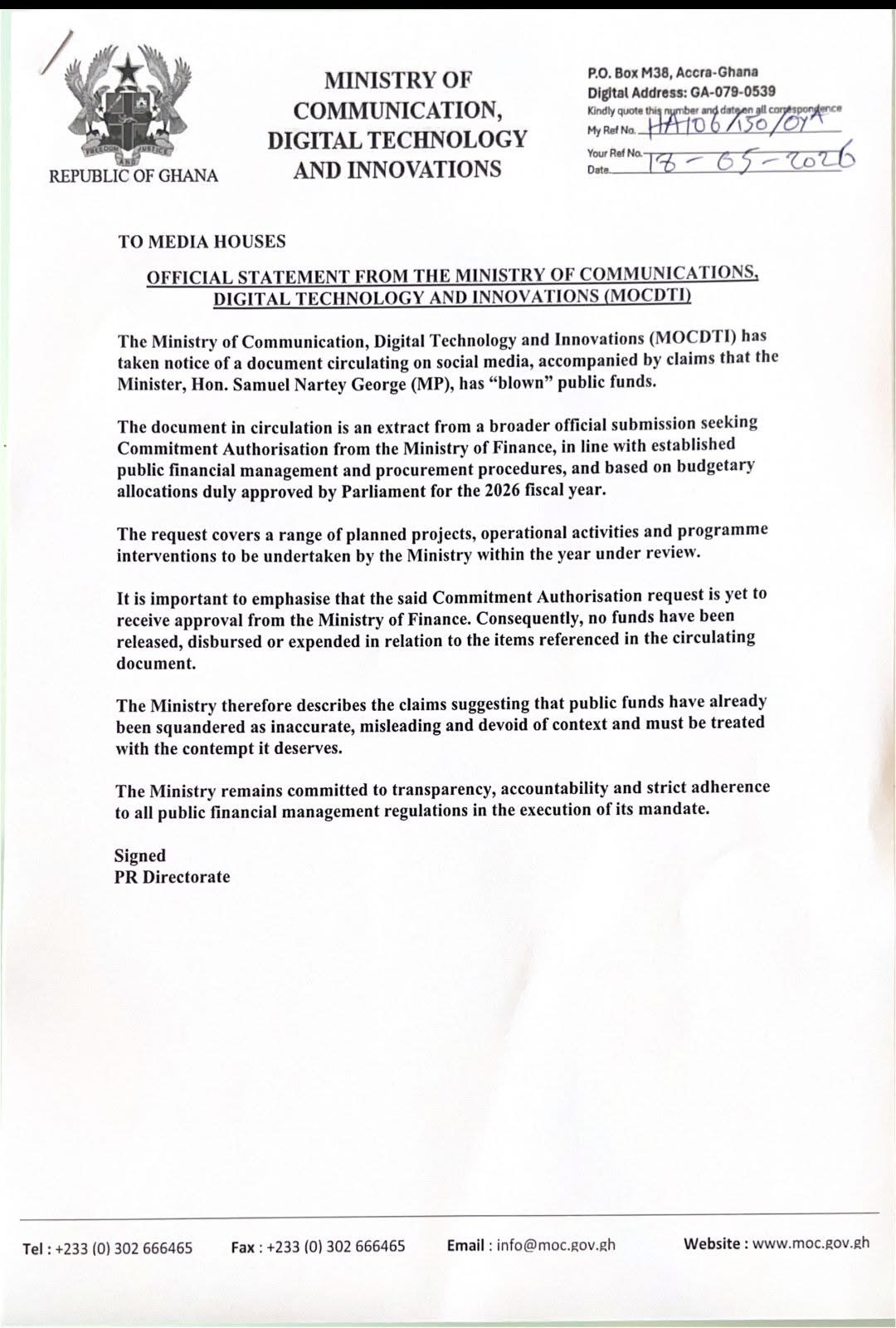 MOCDTI Refutes Claims of Misuse of Public Funds by Communications Minister