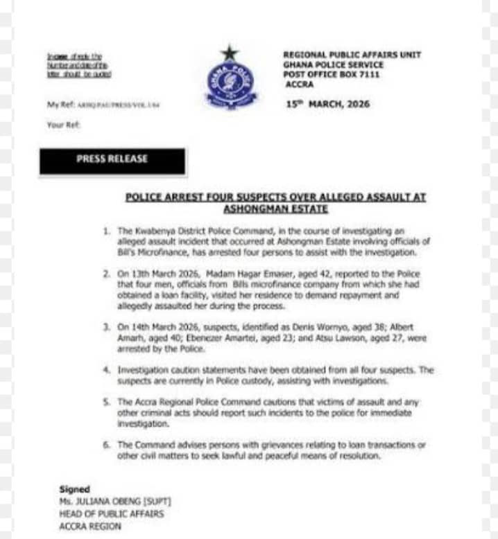 Police Arrest Four Suspects Over Alleged Assault at Ashongman Estate