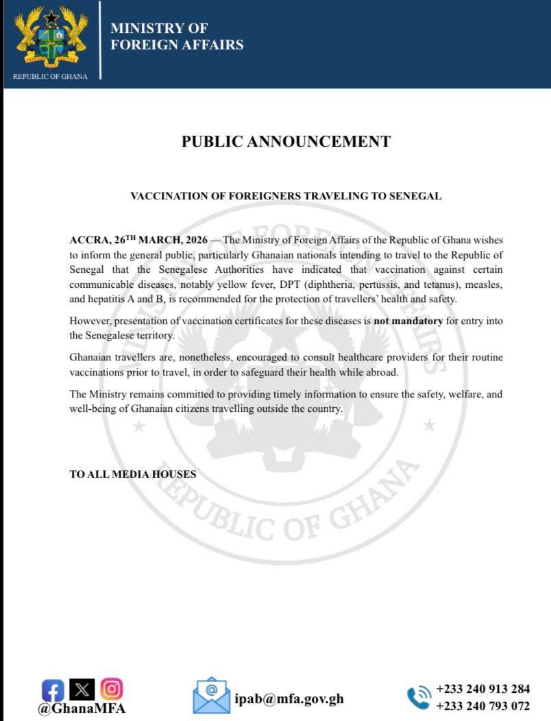Ghana Issues Travel Advisory on Vaccinations for Citizens Visiting Senegal