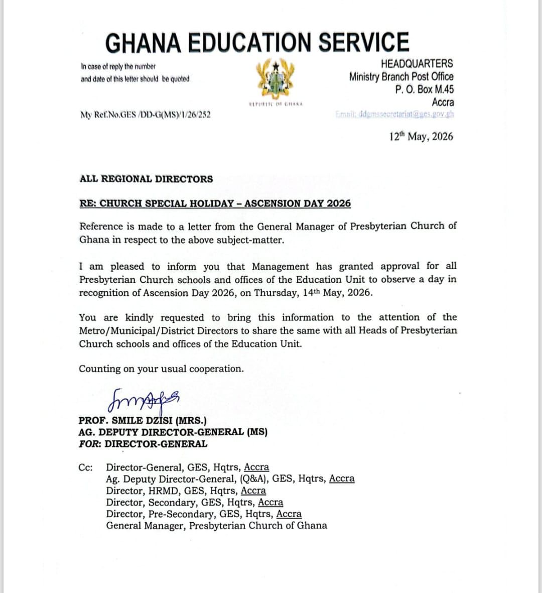 GES Declares Ascension Day Holiday for Presbyterian Schools Nationwide