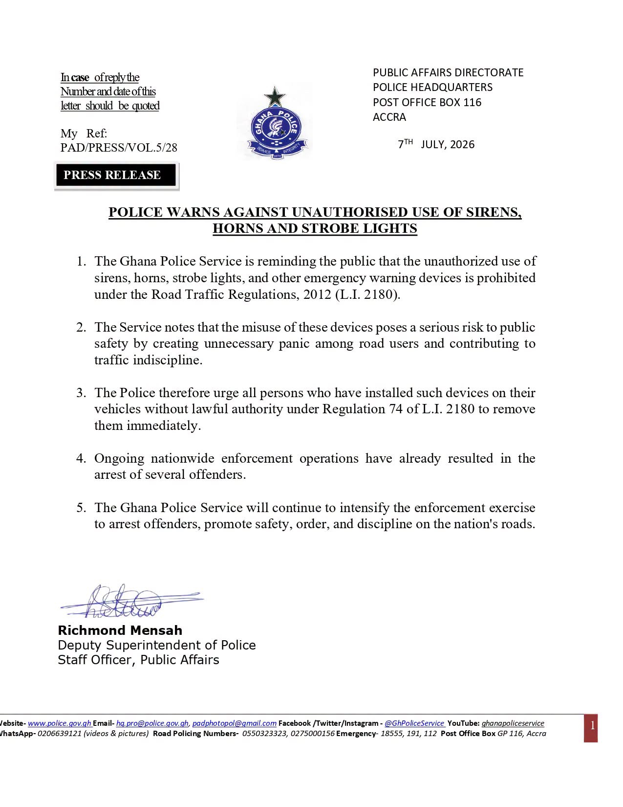 Police Warn Against Unauthorized Use of Sirens, Horns and Strobe Lights