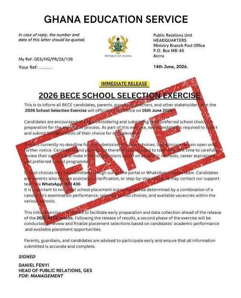 GES Dismisses Fake Notice on 2026 BECE School Selection Exercise