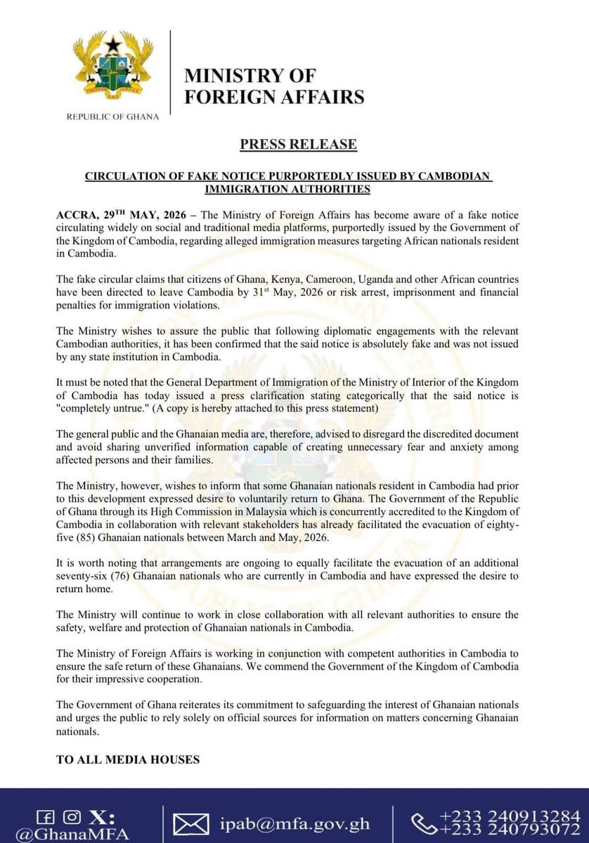 Ghana Foreign Affairs Ministry Debunks Fake Cambodian Immigration Notice